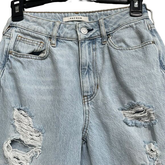 Pacsun SZ 24 Mom Jeans Mid-Rise Zip-Fly Distressed Rips Pockets Light Wash Blue - Picture 2 of 11